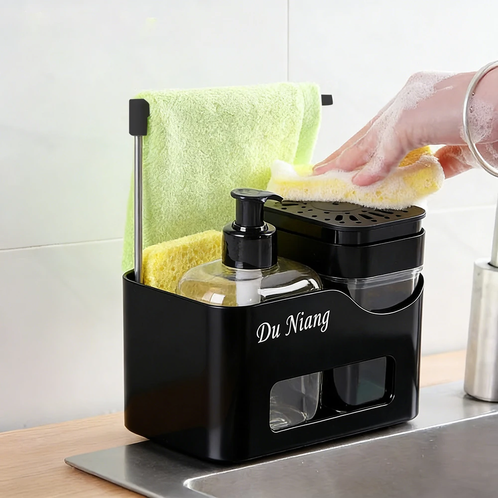 Four-in-One Hand Sanitizer Dispenser Set with Sponge Rack Press Type Double Soap Liquid Dispenser Soap Pump for Home Kitchen