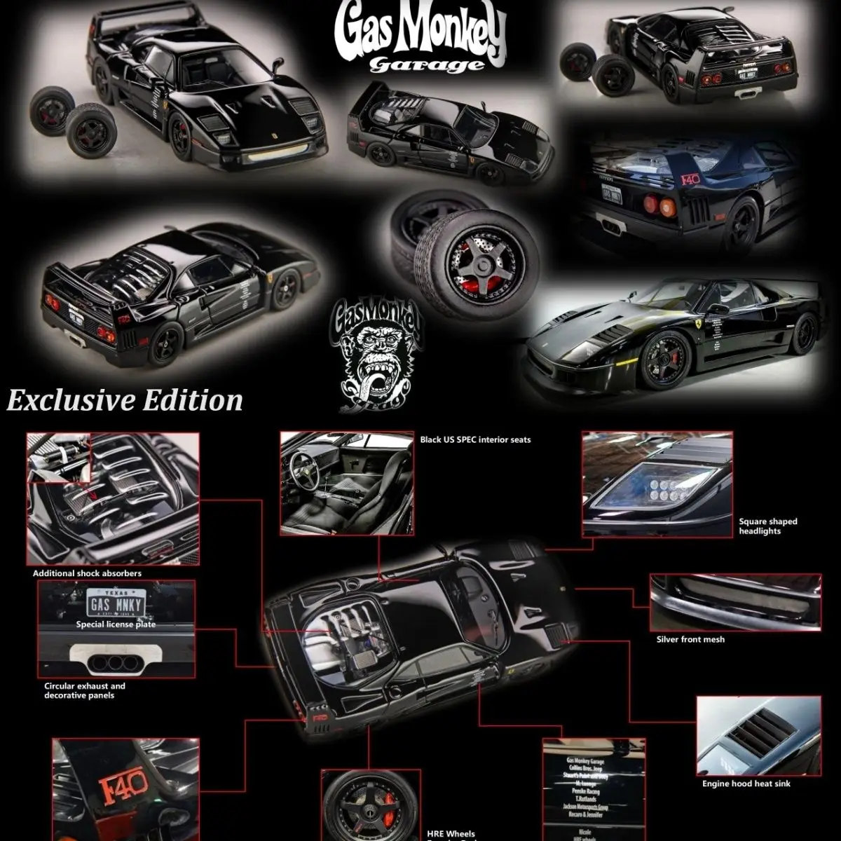 

Spot MY64 M64X 1:64 Prancing Horse F40 Gas Monkey Customized Edition Black Resin Car Model Collection