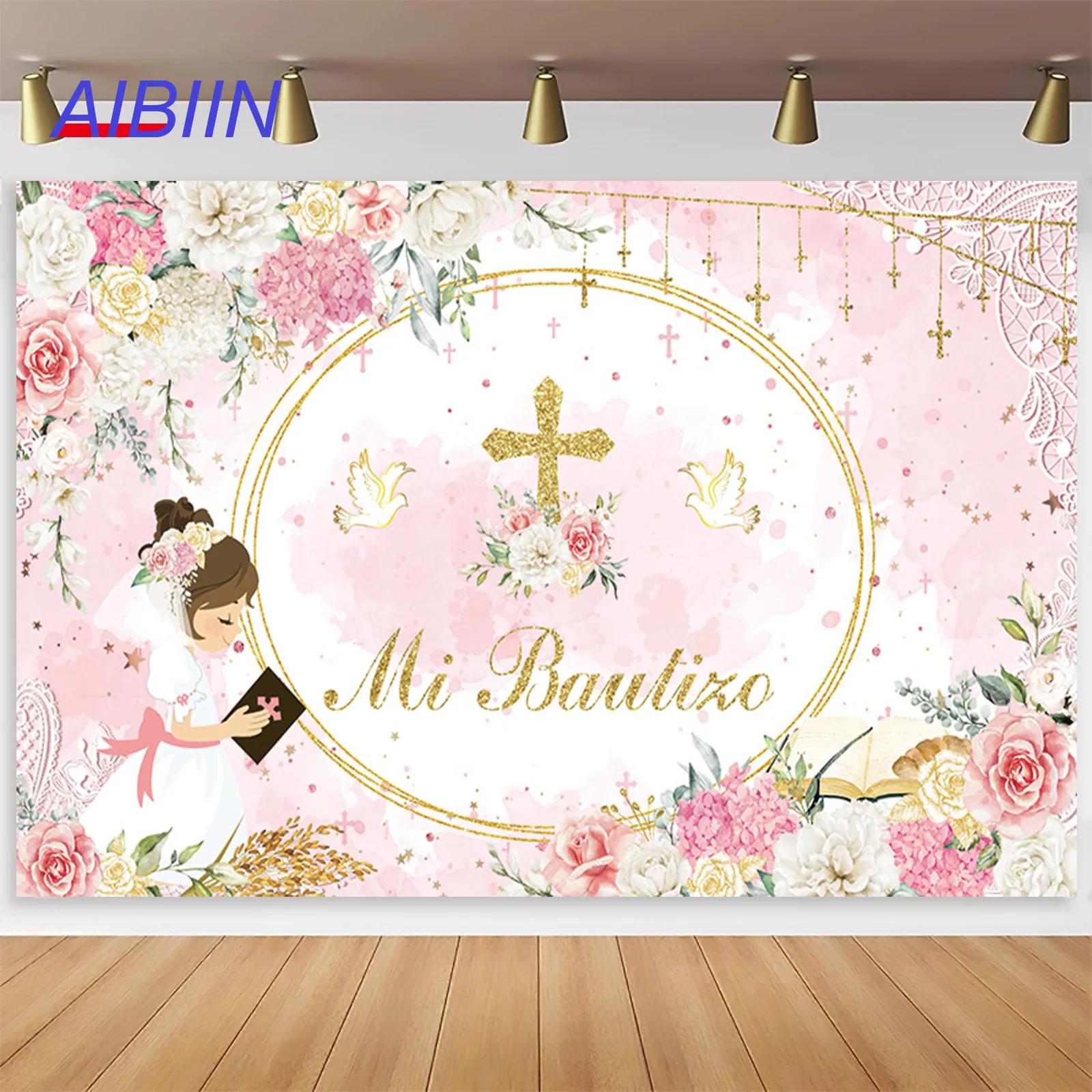 

My Baptism Backdrop Watercolor Blue or Pink Flowers Gold Cross Dove Boy or Girl First Holy Communion Photography Background