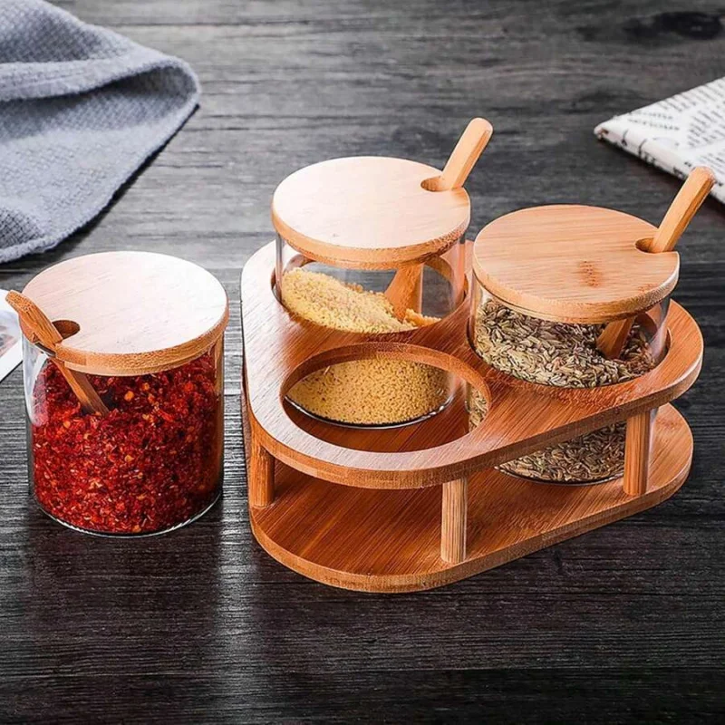 

Glass Spice Jars with Wooden Lid, Triangular Tray & Multifunctional Kitchen Set
