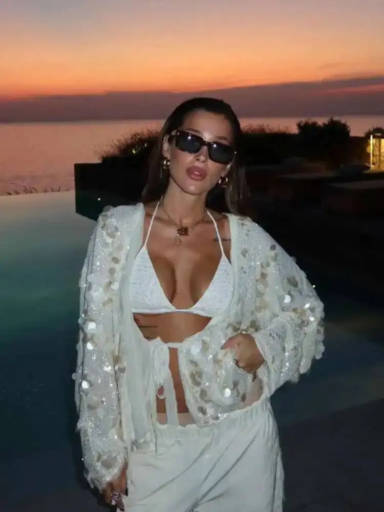 

Элегантная белая рубашка с пайетками и кружевом на шнуровке для женщин, свободные короткие пальто с длинными рукавами и v-образным вырезом, осенне-зимняя уличная одежда для вечеринок M4XW