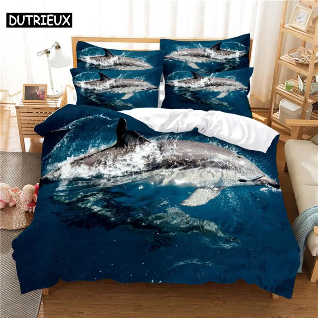 

3D Digital Printing Fashion Design Dolphins Bedding Set, Queen Size Duvet Cover Set