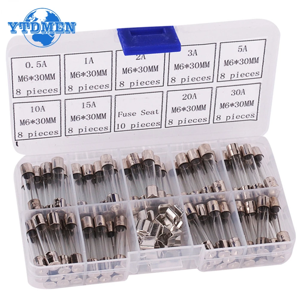 72pcs 6x30mm Fast-blow Glass Fuses Quick Blow Car Glass Tube Fuses Assorted Kit 0.5A 1A 2A 3A 5A 10A 15A 20A 30A Amp 6*30 Fuse