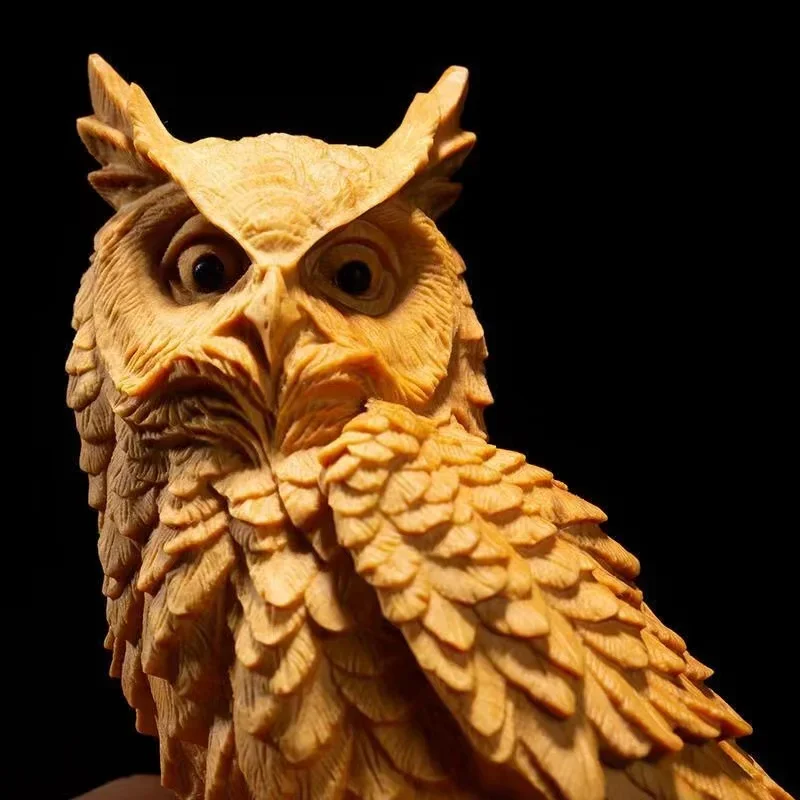 Natural Cypress Animal Owl Figurine, Solid Wood Carving, Cute Home Room, Office, Car Decoration, Featured Statue, 4.32 In