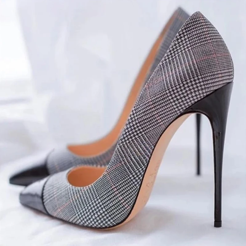 

Grey Grid Cloth Shallow Pump Patchwork Heels Pointed Toe Dress Shoes 12Cm 10Cm 8Cm Stiletto High Heels Women Footwears
