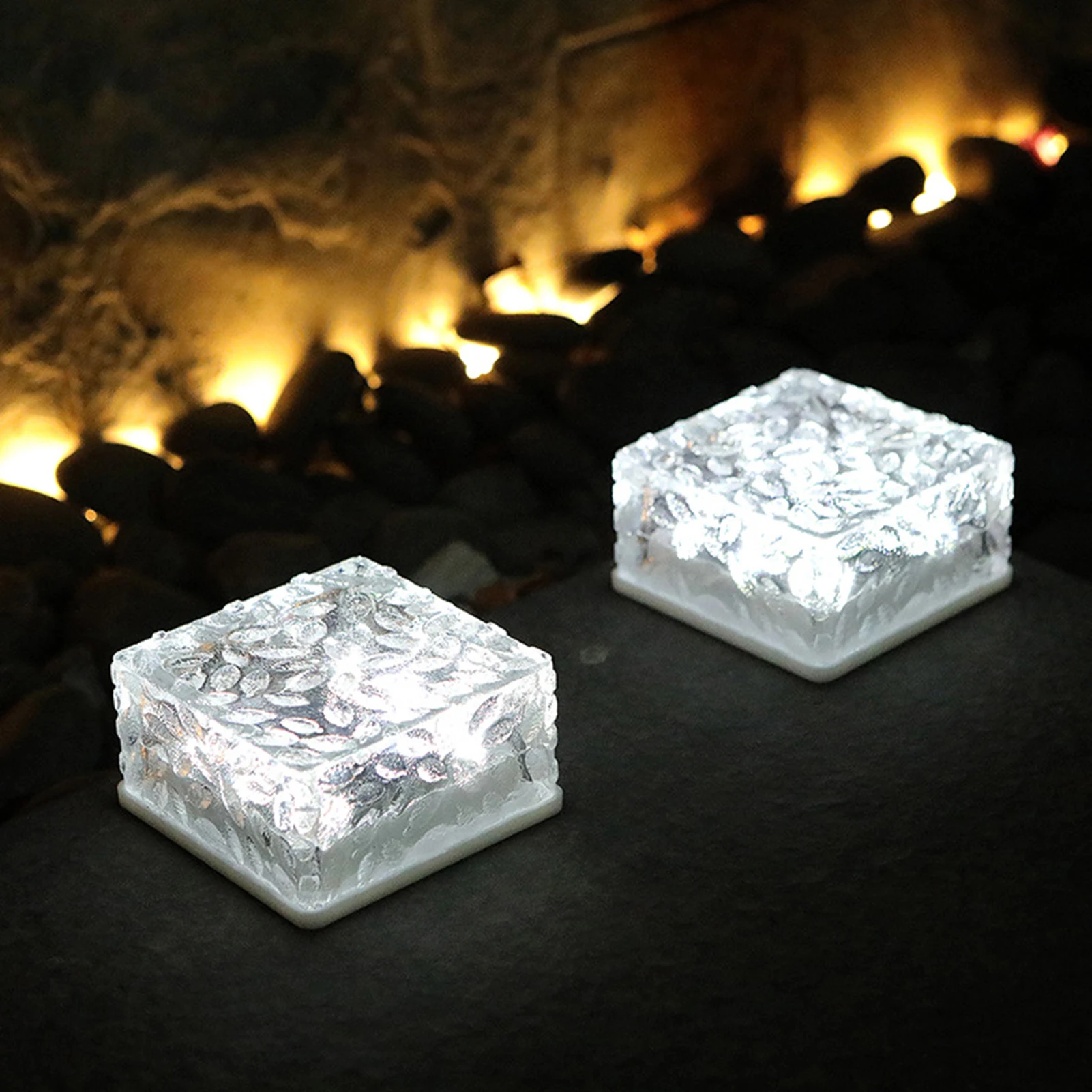 Glass Solar Brick with LED Lights Square Lined Texture Path & Garden Accent Lighting Decorative Ice Rock Cube Lights