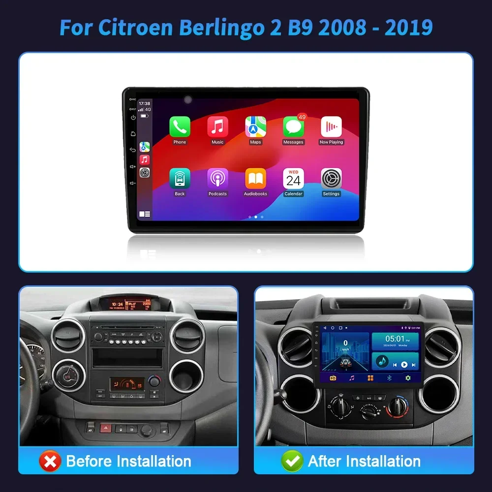 For Citroen Berlingo 2 B9 2008-2019 Android OS Car Radio Carplay 4G GPS Navigation Multimedia Stereo Wireless BT Carplay Screen