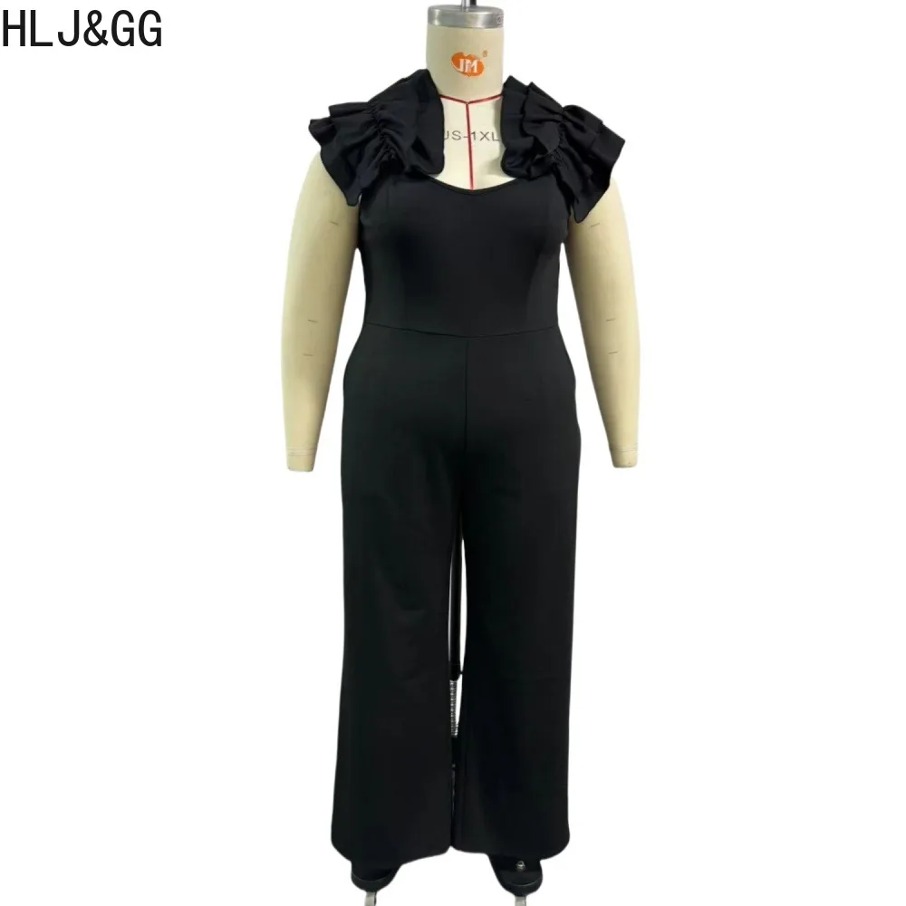 HLJ&GG Plus Size Women Ruffle Wide Leg Pants One Pieces Jumpsuits Elegant Sleeveless Backless Straight Playsuits Female Overalls