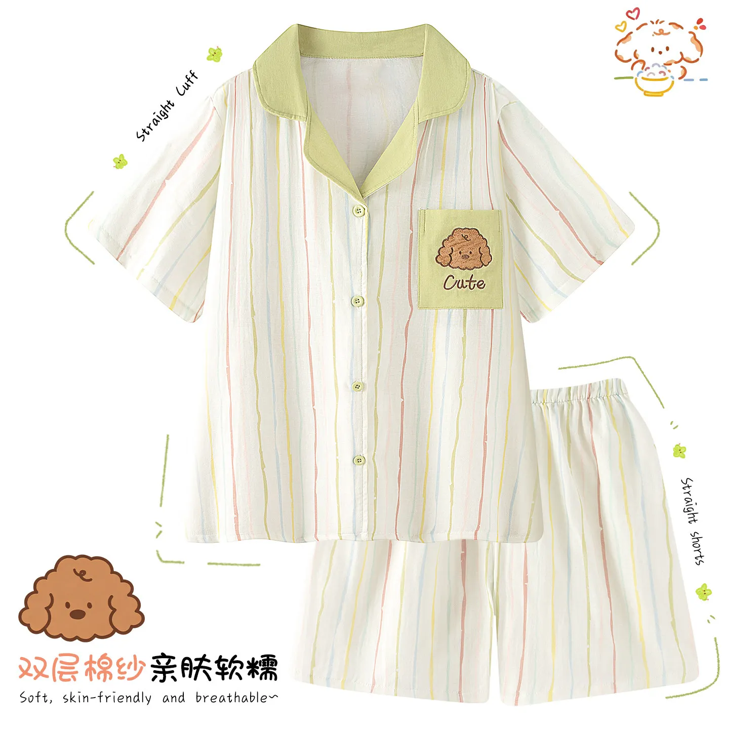 women-double-layer-cotton-gauze-pajama-set-striped-lapel-short-sleeve-shirt-shorts-cute-dog-print-summer-loungewear-sleepwear