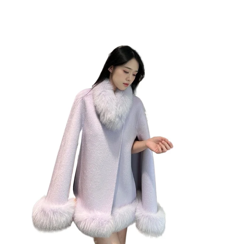 

2025 autumn and winter new cape shawl double-sided woolen coat fox fur collar cashmere woolen coat big name waist