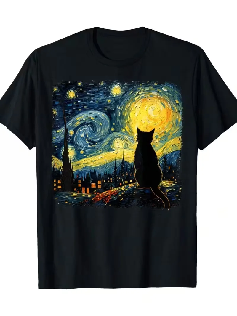 Men Women Unisex Casual T-Shirt Cat Starry Night Van Gogh Cat T-shirt for Cat Lover Cat Mom Cat Dad T-Shirt Casual Loose T-shirt