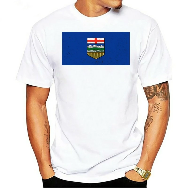 Alberta Provincial Flag -  Basic Cotton Distressed Flag Print T-Shirt