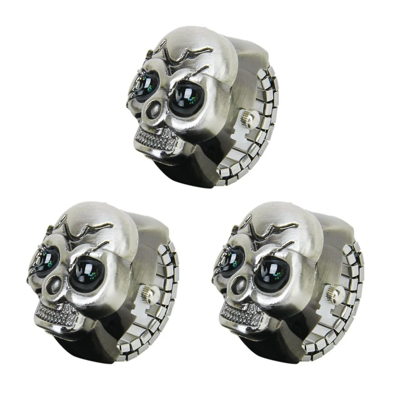 3X Bronze Flip-Up Skull Cover Finger Ring Watch Stretchy Watchband For Unisex--Battery Included, Perfect For Skull Lover