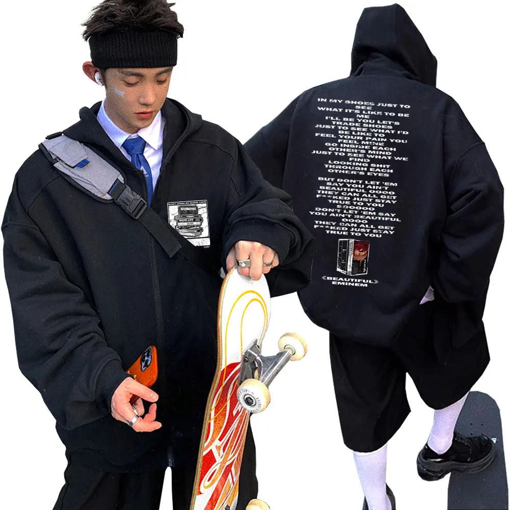 

Rapper Eminem Beautiful Song Lyrics Print Zipper Hoodie Men Hip Hop Vintage Oversized Zip Up Jacket Fleece Cotton Sweatshirts