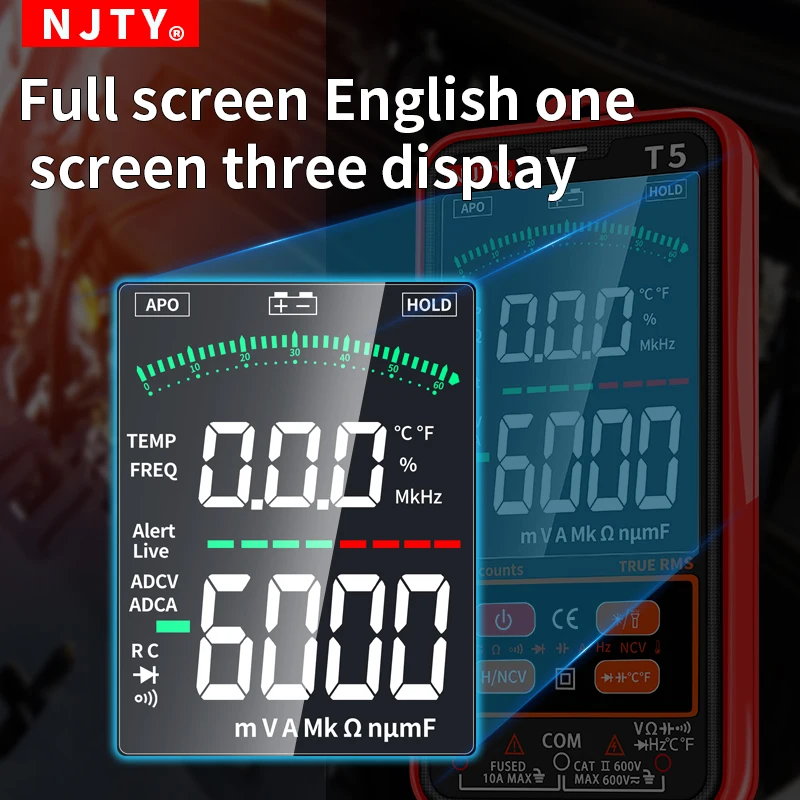 NJTY Smart Digital Multimeter AC DC 600V Voltage 10A Current True RMS Multimetro 6000 Counts Ohm Professional Electrician Tester