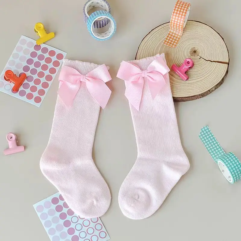 Babe Long Tube Cotton Socks Pink Princess Knee High Hose for Kids Toddlers Candy Colored Baby Girl's Big Bow Lolita Stockings