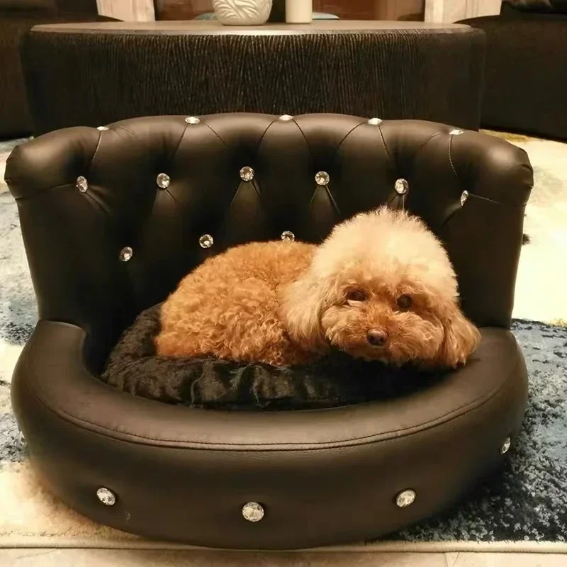 High-end Custom Noble Style Leather Diamond Pet Bed Luxury Dog Sofa