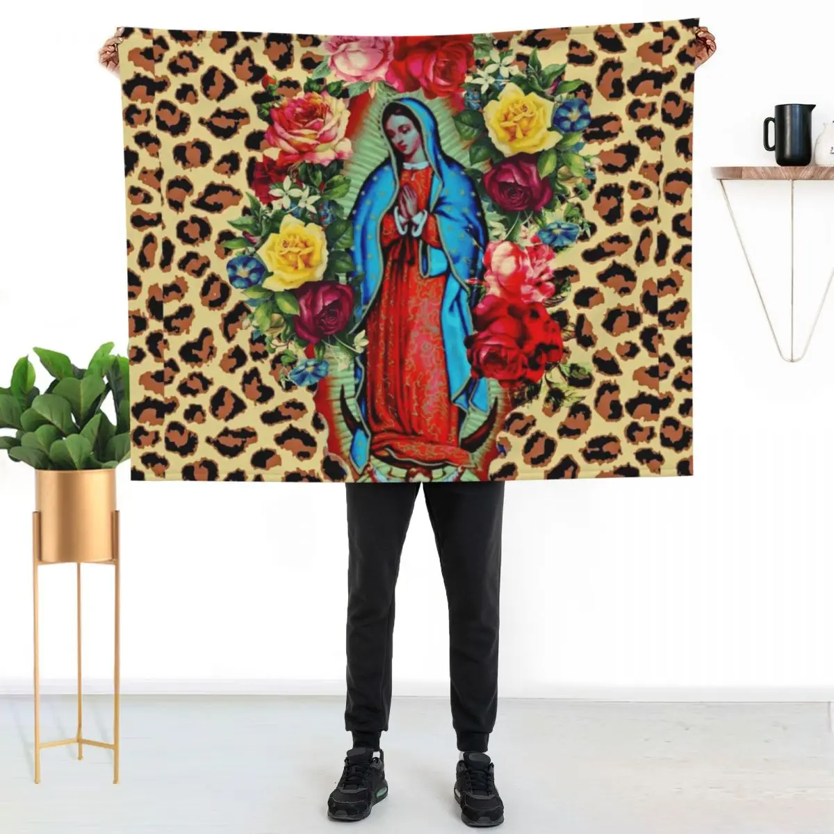 

Our Lady Guadalupe on Leopard Print Throw Blanket Warm Accent Blanket for Living Room Decoration