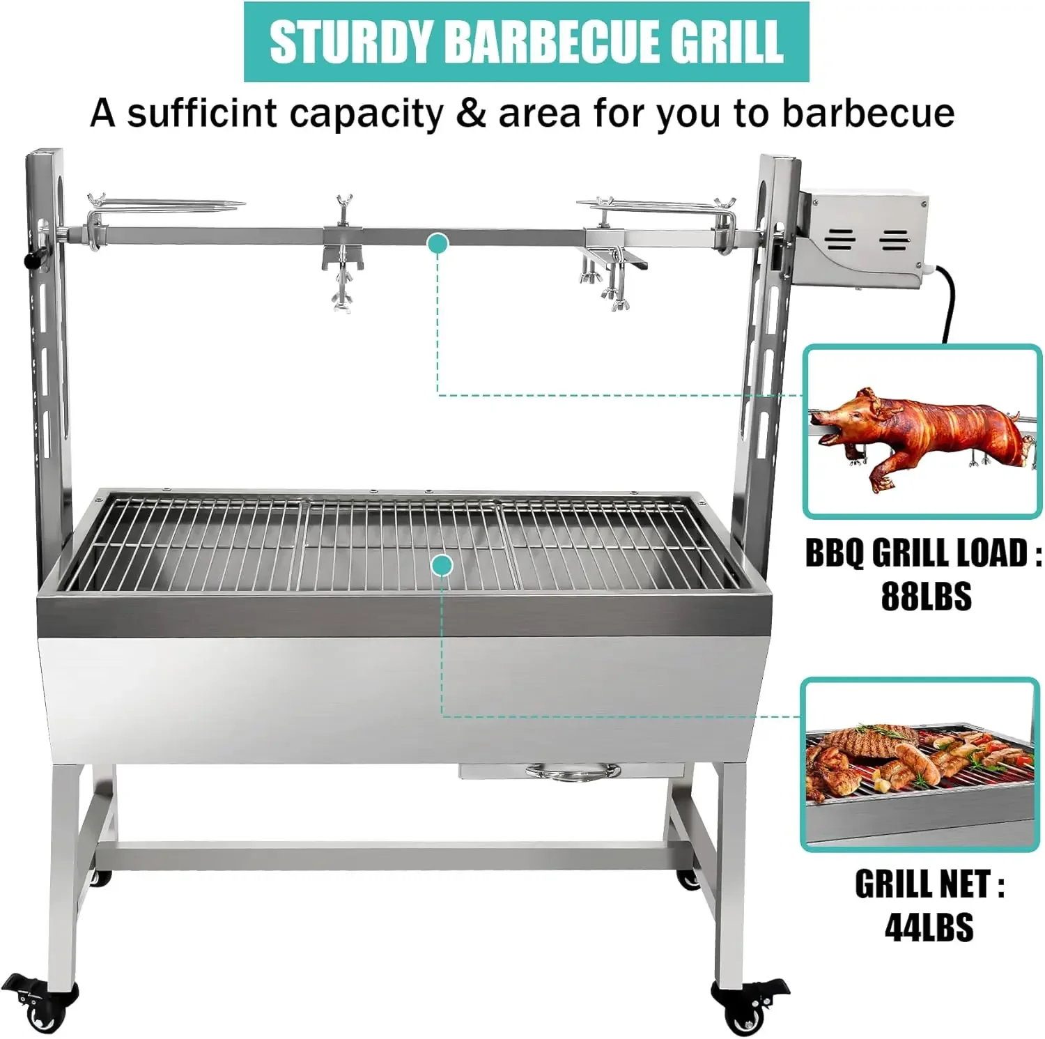 Steel Rotisserie Grill, 25W Motor Small Pig Lamb Rotisserie Roaster, 37'' 2 in 1 BBQ Charcoal Rotisserie Grill for Camping Outdo