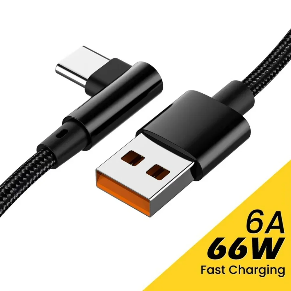 66W 6A 90-Grad-Winkel USB auf Typ-C Schnellladekabel Datenkabel Schnellladekabel 0,25m 1m 1,5m 2m 3m Längen Handy-Ladekabel