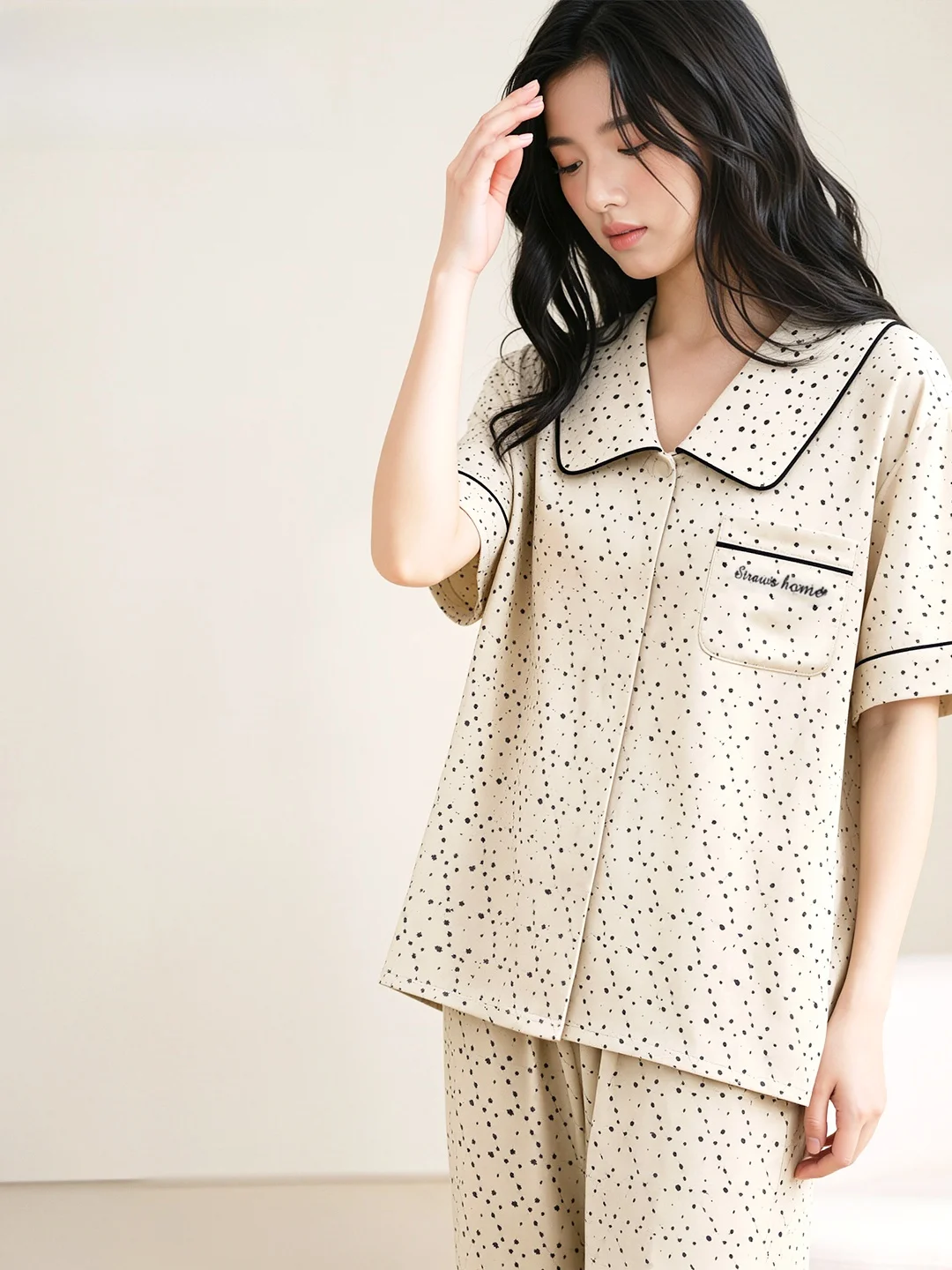 summer-soft-women's-sleepwear-thin-silk-cotton-short-sleeve-long-pants-cool-feeling-lyocell-outdoor-wearable-home-clothes
