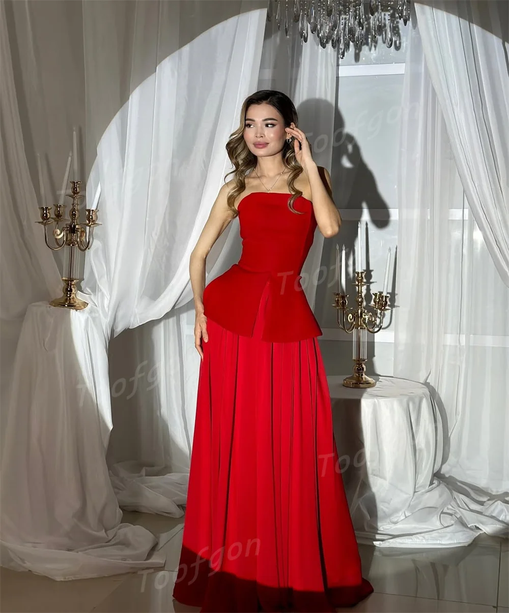 Toofgon مخصص بدون حمالات أحمر طويل فساتين لحضور الحفلات الموسيقية الطيات تنورة شالات ثوب مسائي رسمي ألف خط المرأة حفل زفاف الزي