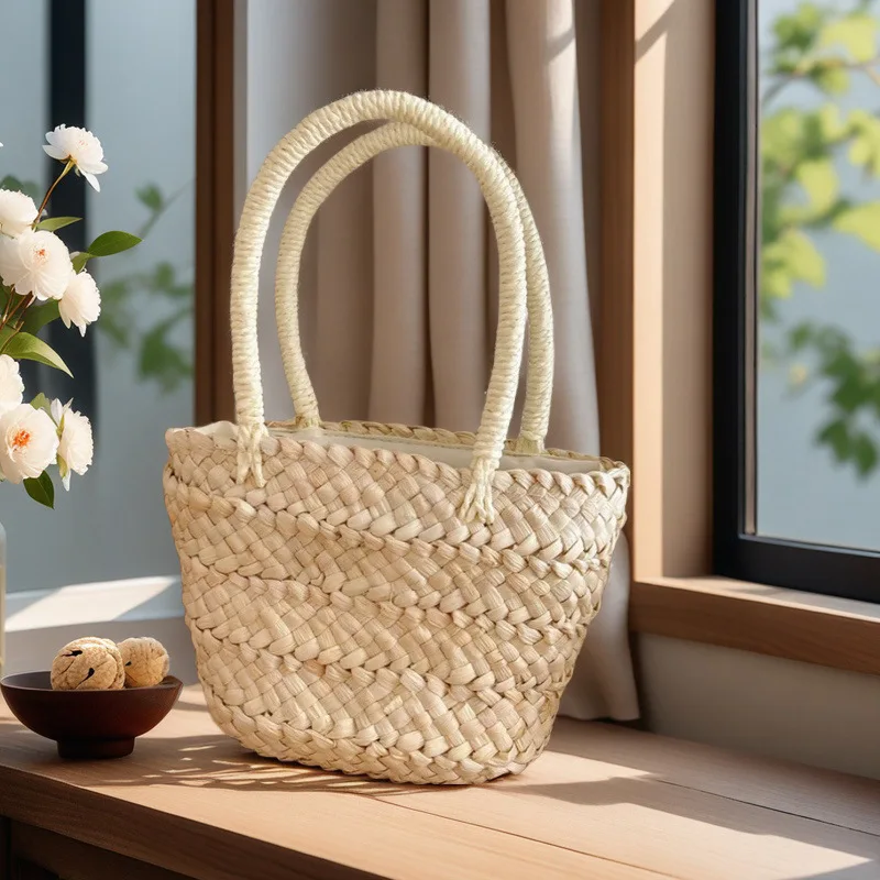 Cute Corn Husk Weave Handbag Vacation Beach Photo Prop Kids Portable Small  Style Lovely Handheld Bag for Women