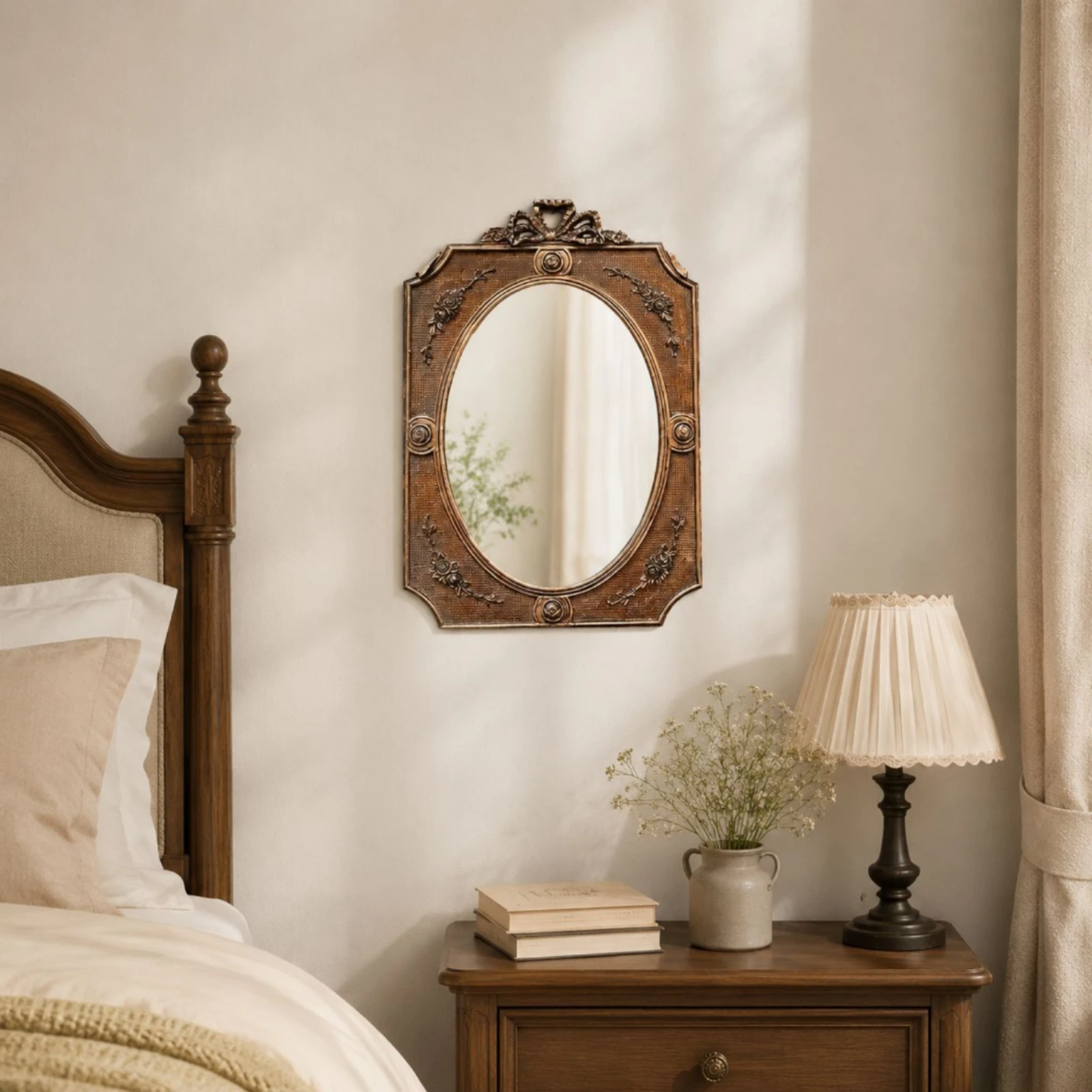 Ornate Framed Mirror Antique Bronze Look Vintage Style Mirror Home Decor Compact House Decoration Bow-Shaped Crest