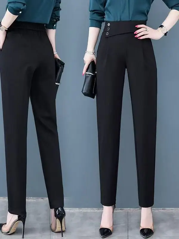 

High Waist Black Slimming Spring Autumn Harlan Pants Women's Fashion Casual Polyester Fiber Wide Leg Pocket Detail Pants
