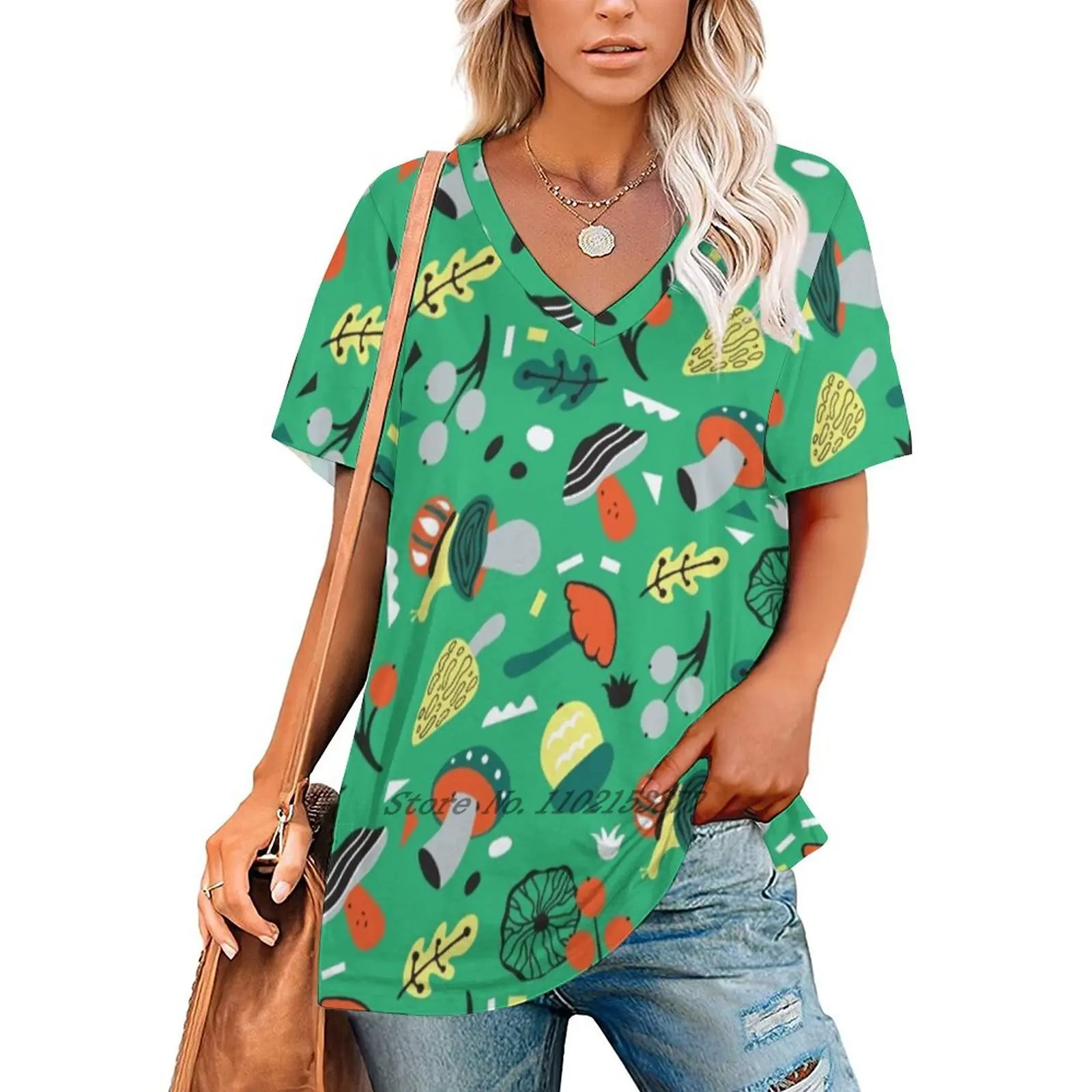 

Abstract Mushroom Women's T-Shirt Casual Short Sleeved Tops V-Neck Zipper Tee Ladies Loose T Shirts Abstract Mushroom Forest