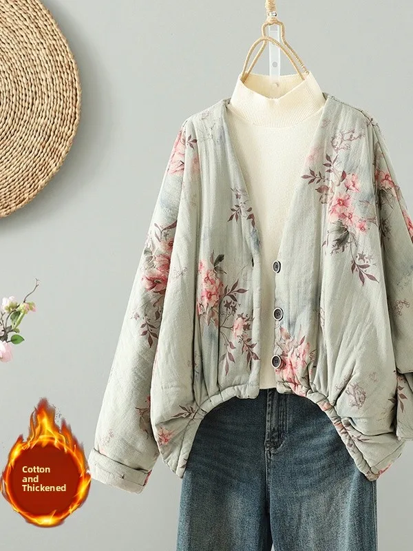 New Chinese Style National Trend Batwing Sleeve Cotton Jacket Printed Linen Brand Women's Autumn Coat V-neck Single Button