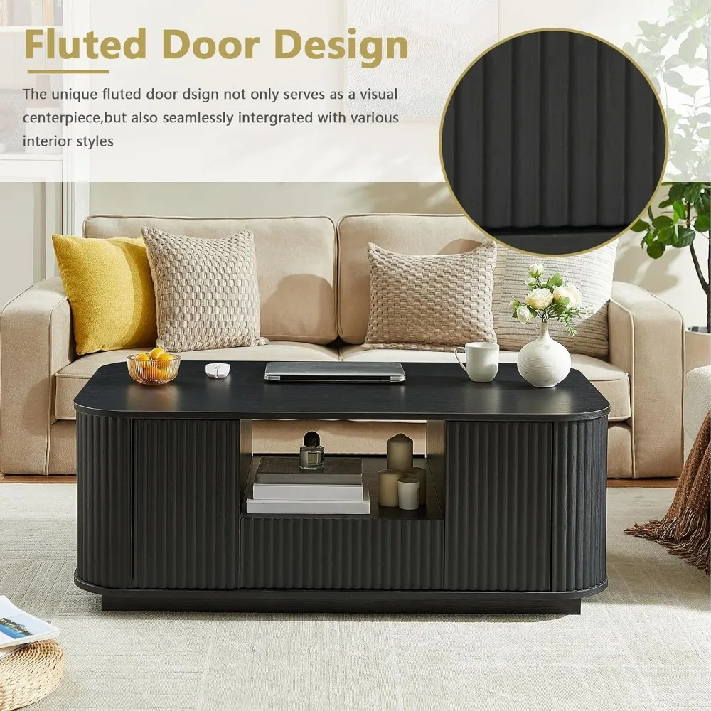 طاولة قهوة بيضاوية حديثة مع مساحة تخزين لغرفة المعيشة - تصميم مخدد، درجين، رف مفتوح ومقصصورتين #5