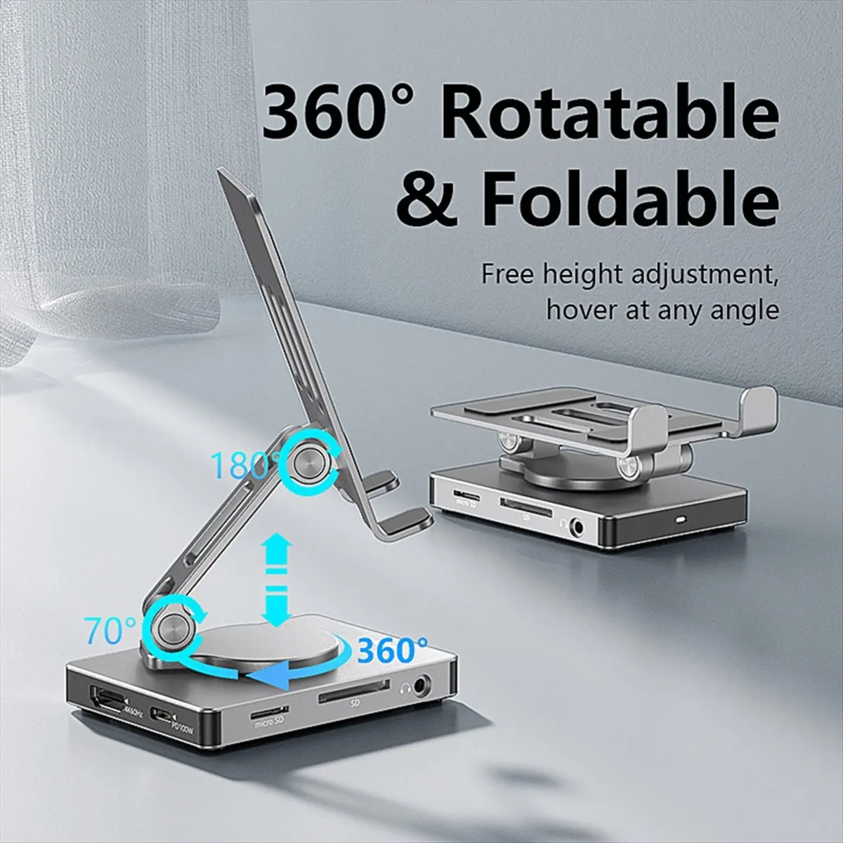 

8 in 1 USB C Foldable Docking Station with 360°Rotation 5Gbps,SD TF Reader,PD 100W Phone Hub Holder for IPhone/Switch