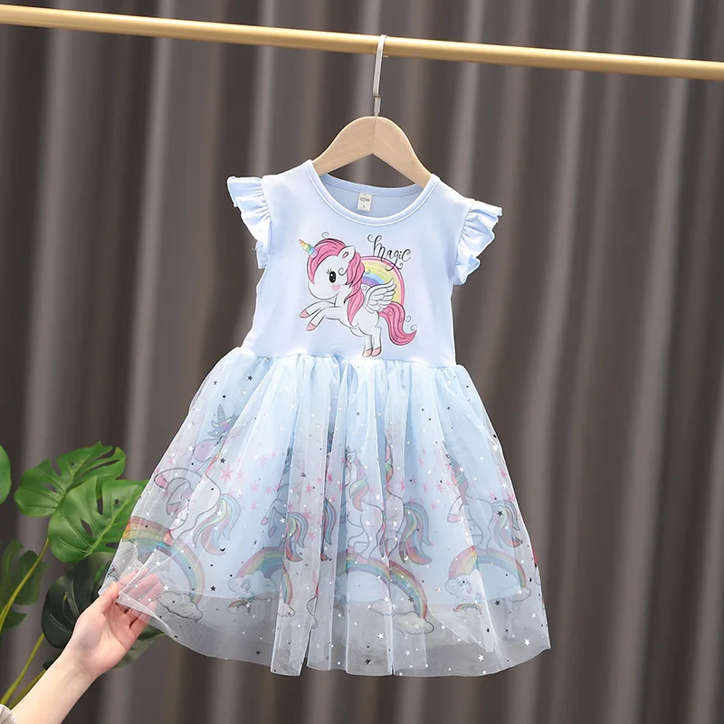 Girls Clothes 2024 New Summer Princess Dresses Flying Sleeve Kids Dress Unicorn Party Baby Dresses for Children Clothing 3-8Y