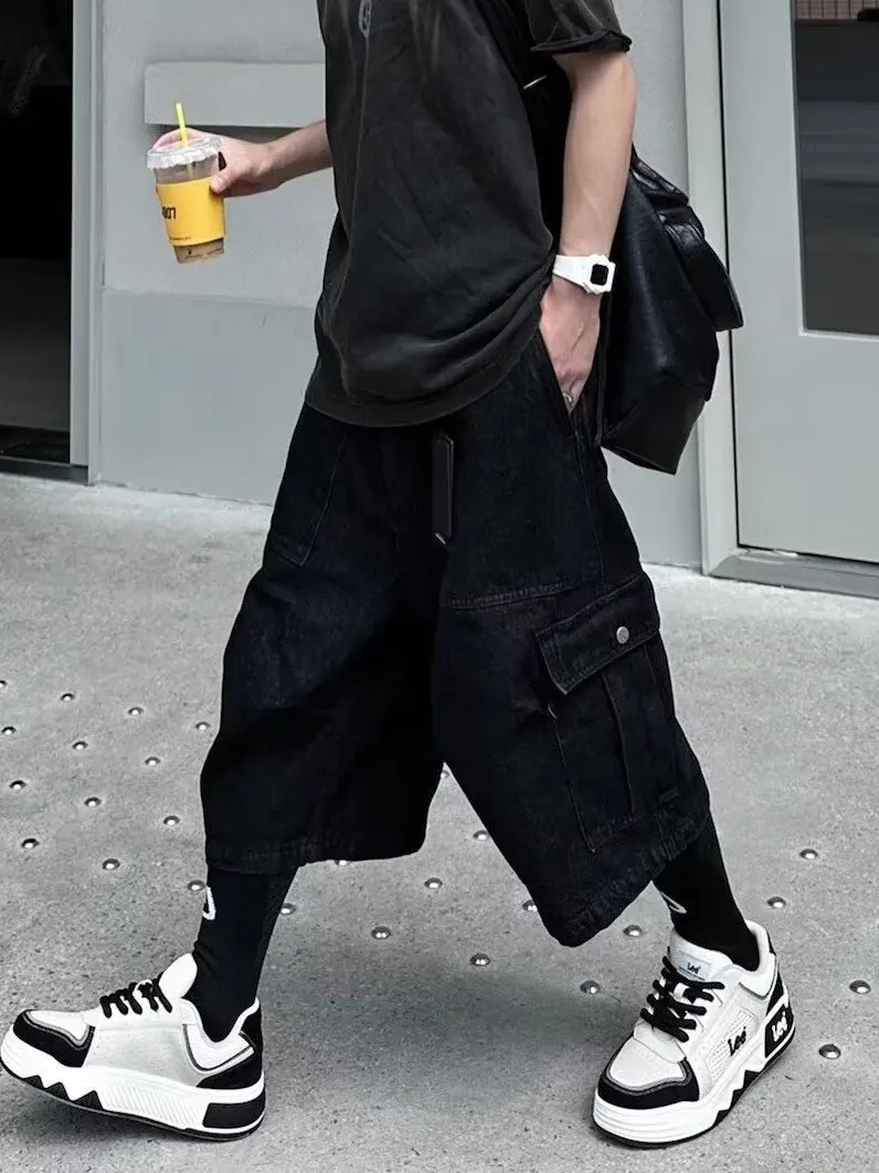 Trendy Japanese Streetwear Workwear orts Men's Summer Loose Casual Wide Leg Seven-Foot Pants with Big kets Faionable