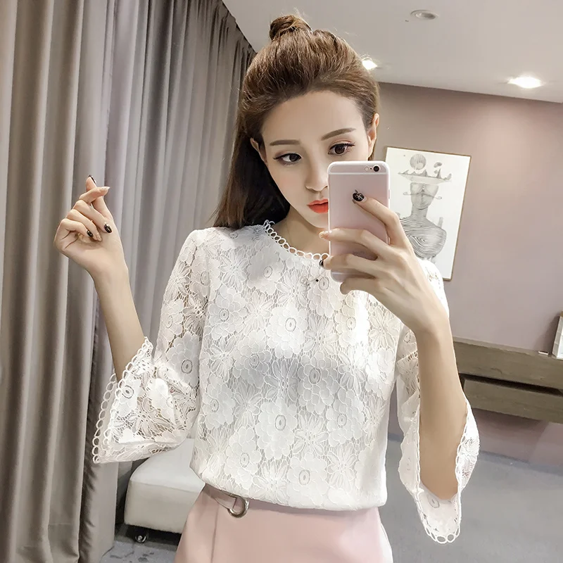 

Sweet O-Neck Spliced Ruffles Lace Hollow Out Blouse Women's Clothing 2023 Summer New Casual Pullovers Flare Sleeve Shirt