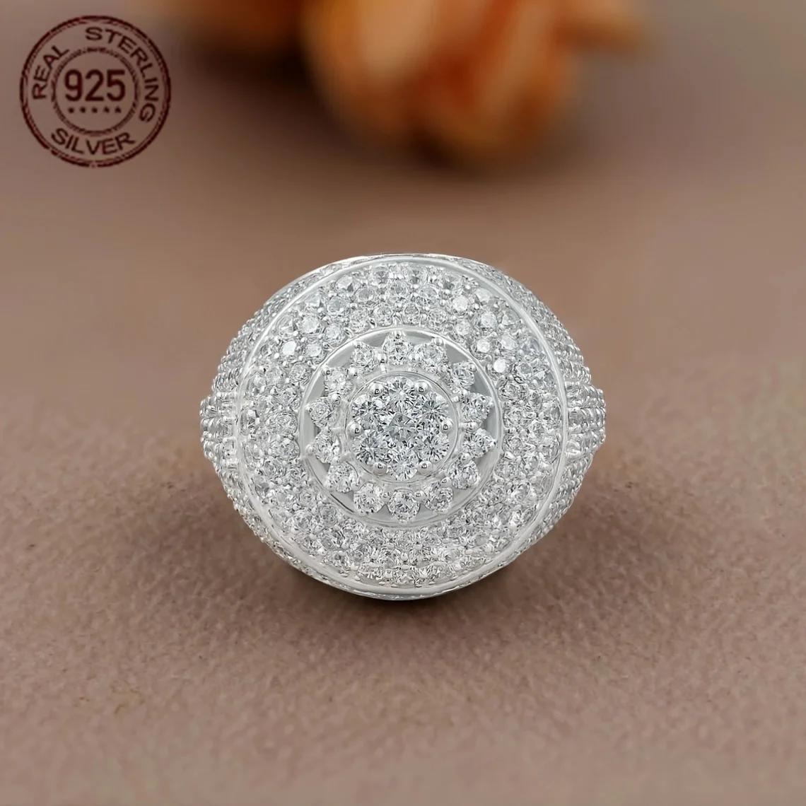

3.65 Ct Iced Out Men's Ring 925 Sterling Silver Round Cut Hip Hop Big Rings Cluster Cocktail Party Jewelry