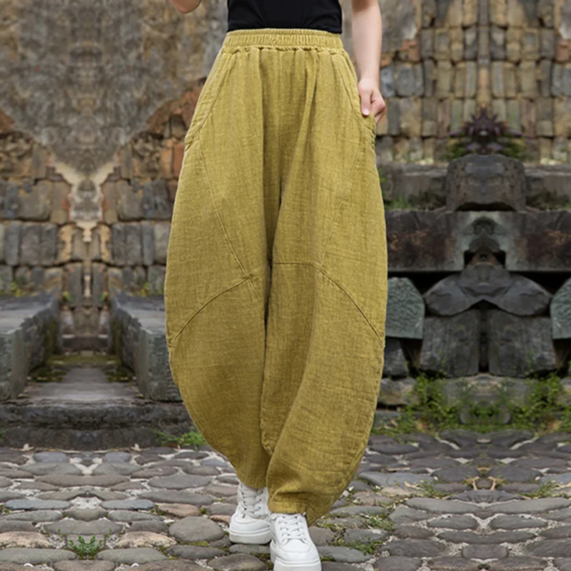 Vintage  Yoga Clothes Cotton  Linen Women High Waist Pants Baggy Loose  Large Oversized Size Women's Cargo Trousers Wide Leg