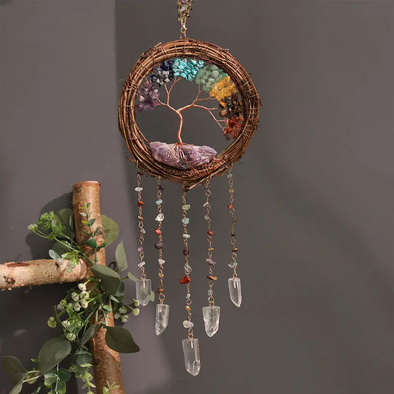 

Handcraft Rattan Suncatcher Crystal Amethyst Tiger Eye Stones Gems Tree Room Decorative Wreath Wicker Vine Garland Dream Catcher