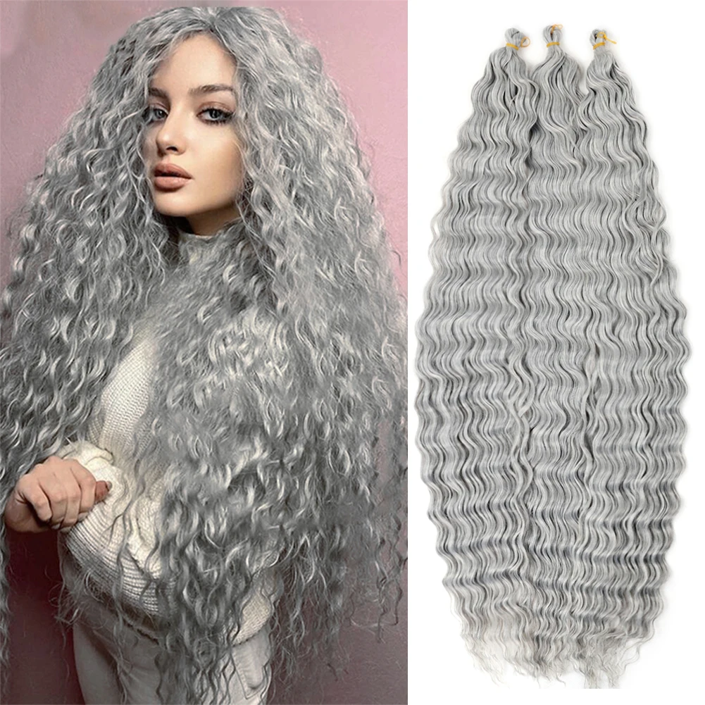 Bellqueen Grey Ocean Wave Crochet Hair Extension Afro Curls Synthetic Deep Wave Braiding Hair For Black Women 24 32 Inch