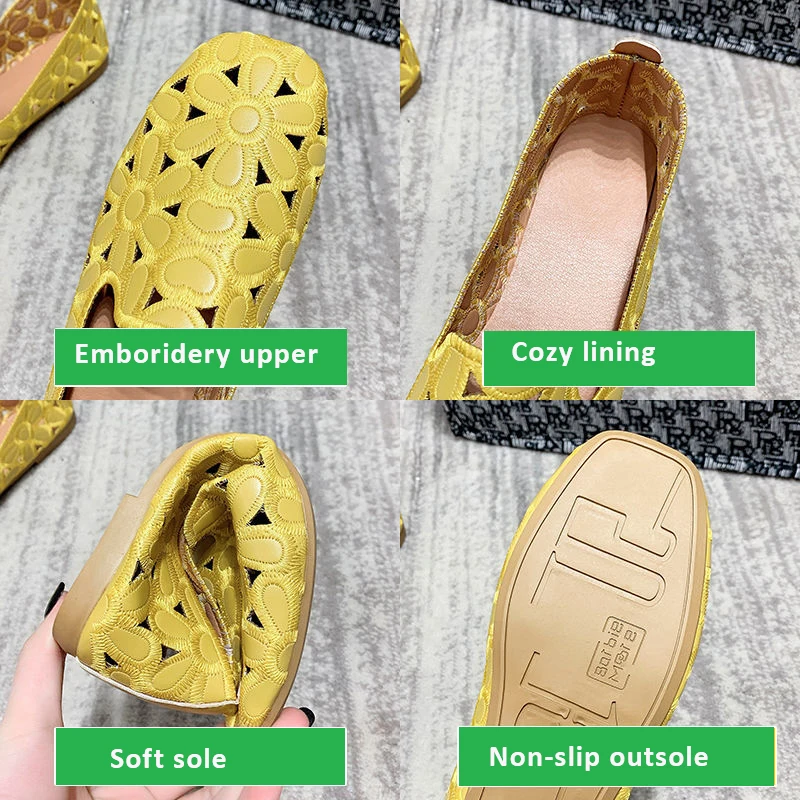 Women Shoes 2024 Square Toe Yellow Loafers Hollow Out Flat Ladies Shoes Female Soft Lether Flats Big Size 42 Embroidery Loafers