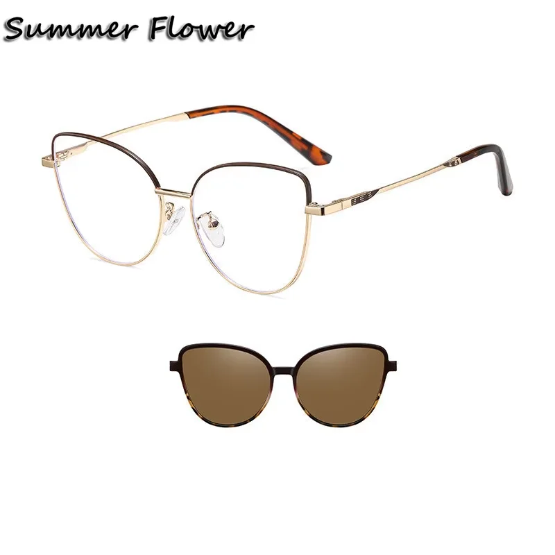 

Women Cat Eye Glasses Clip On Optical Frame Magnetic UV 400 Protection Prescription Sunglasses Female Clear Lens