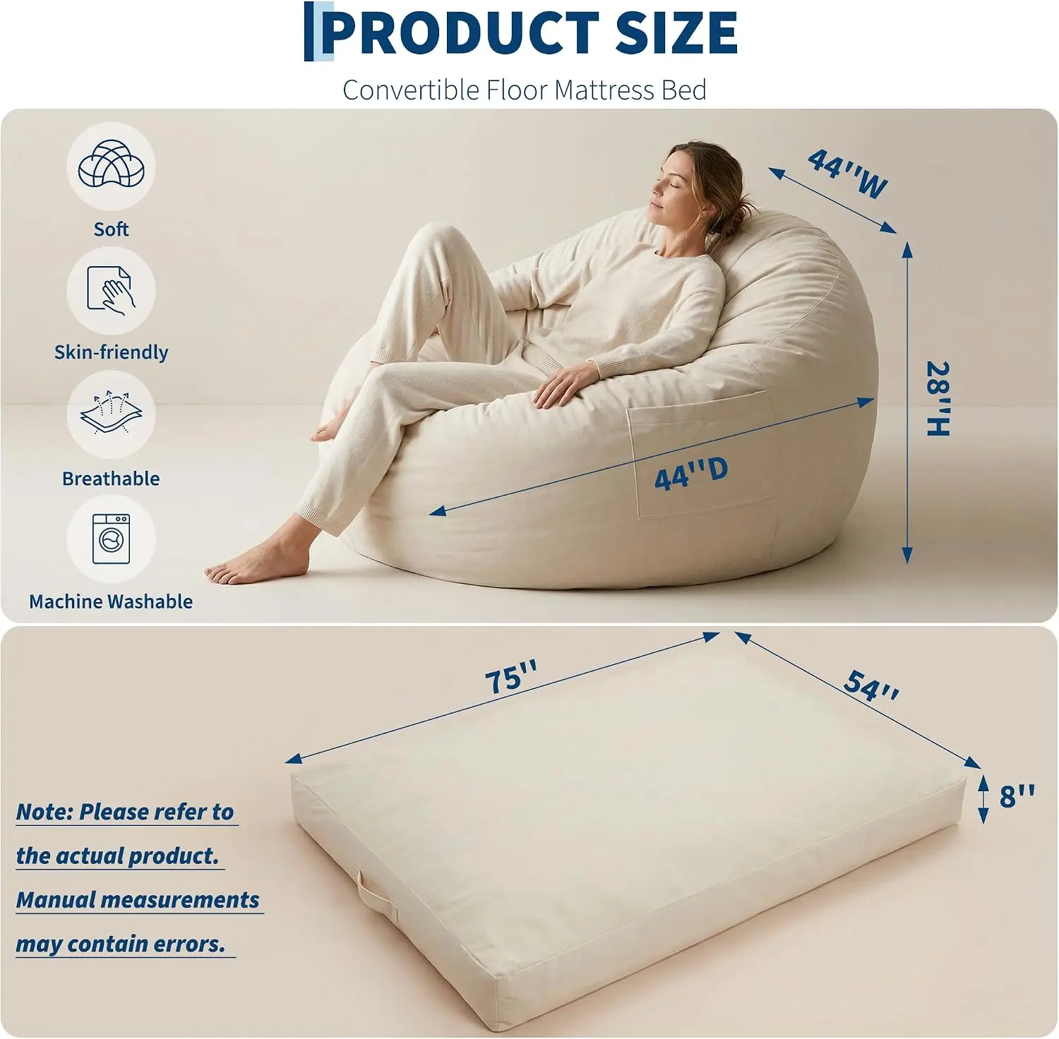 3 IN1 4FT Memory Foam Lazy Sofa Comfortable Large Bean Bag for Home Bedroom Adults Kids Tatami Chairs Covers Bean Bag Chair