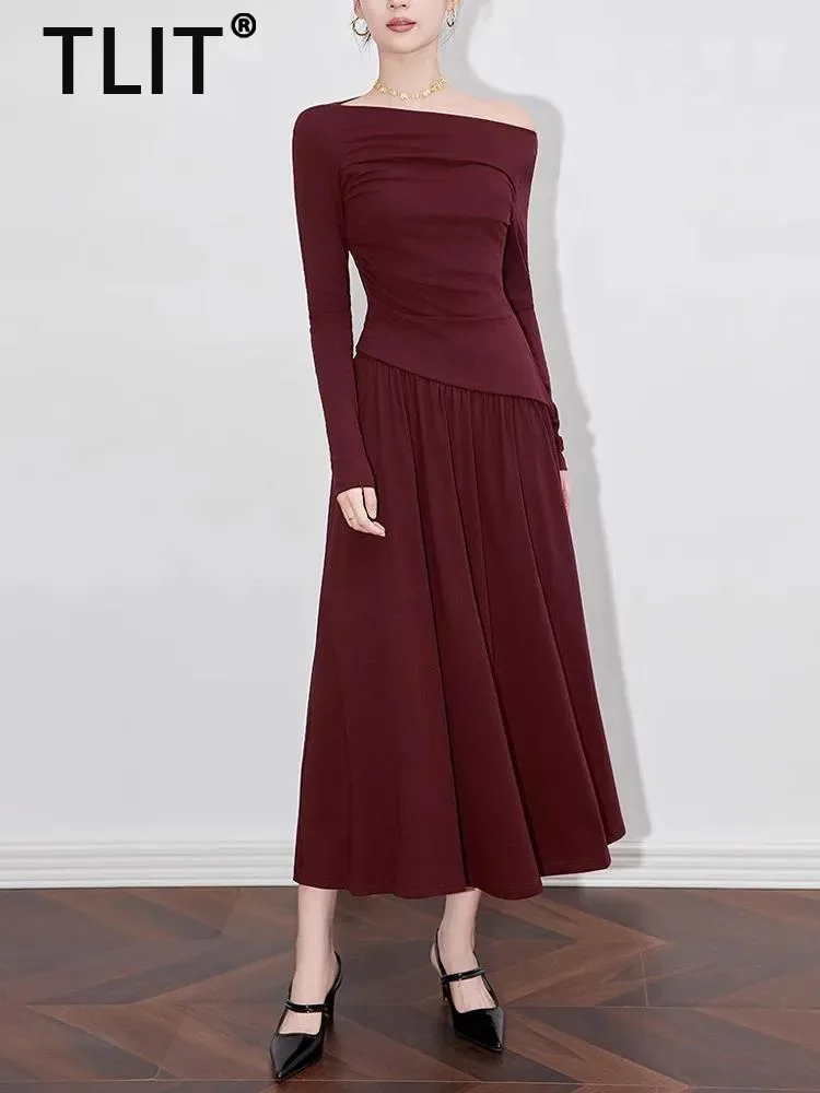 TLIT модный женский комплект из 2 предметов с разрезом на шее, нерегулярные топы с длинными рукавами, плиссированная юбка на талии, вязаный костюм, новинка весны 2024, SK1696