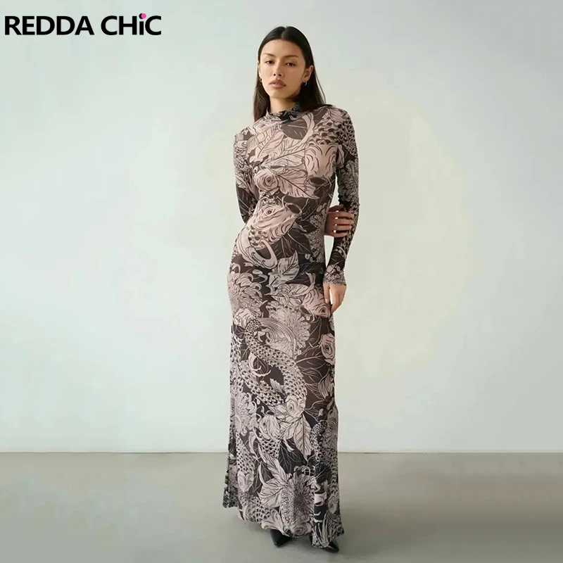 REDDACHiC Retro Printing Mesh Dames Bodycon Zomer Sheer Stretchy Coltrui Maxi-jurk met lange mouwen Esthetische Grunge Streetwear