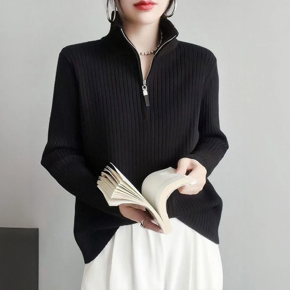 

Женский осенний свитер K-Fashion, однотонная молния, длинный рукав, воротник-стойка, повседневный топ обычного кроя для