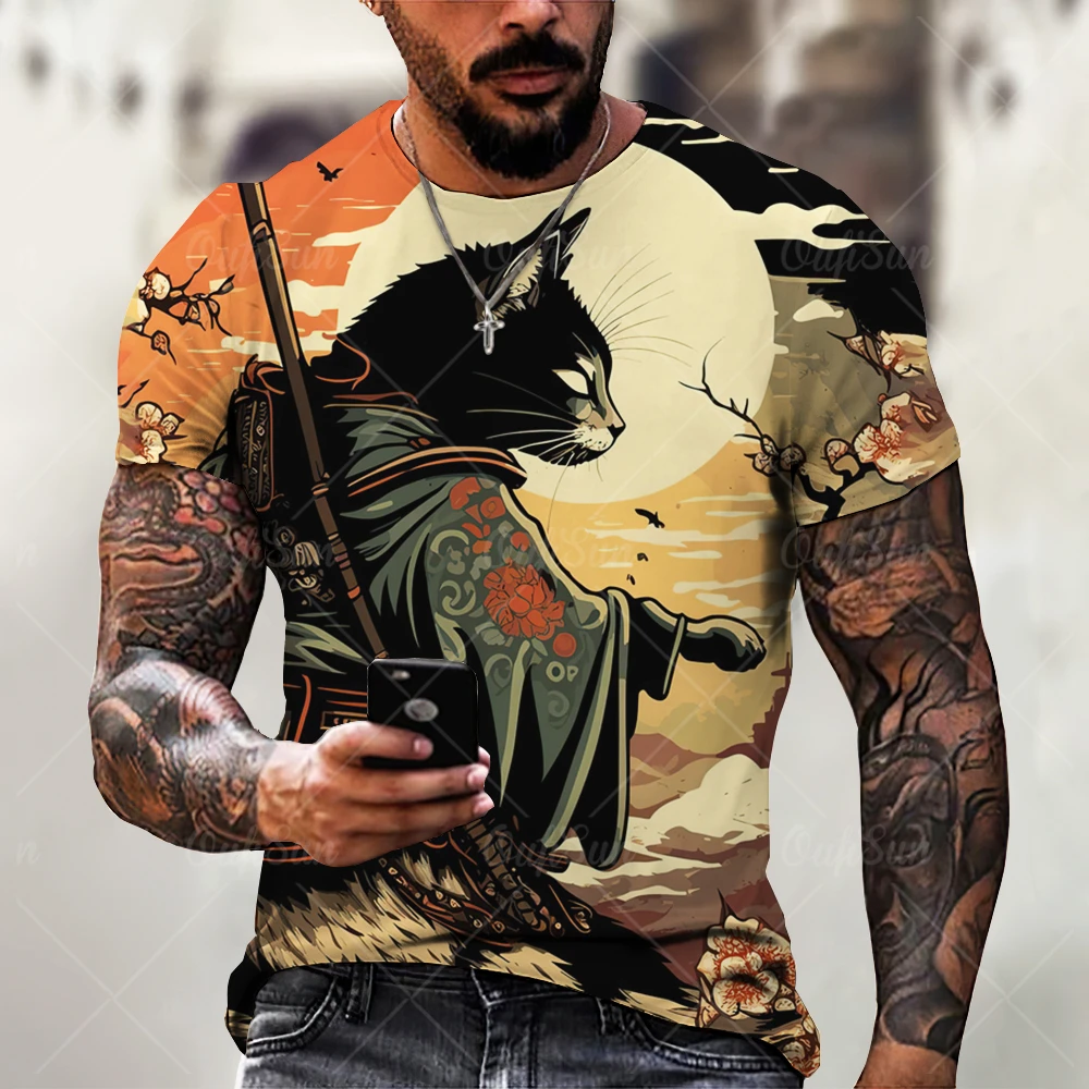 Men\'s T Shirts Japanese Samurai Cat Printed T-Shirt Funny 3D Animal Graphic T-Shirts  Casual O-neck Loose Tops Short Sleeve Tee