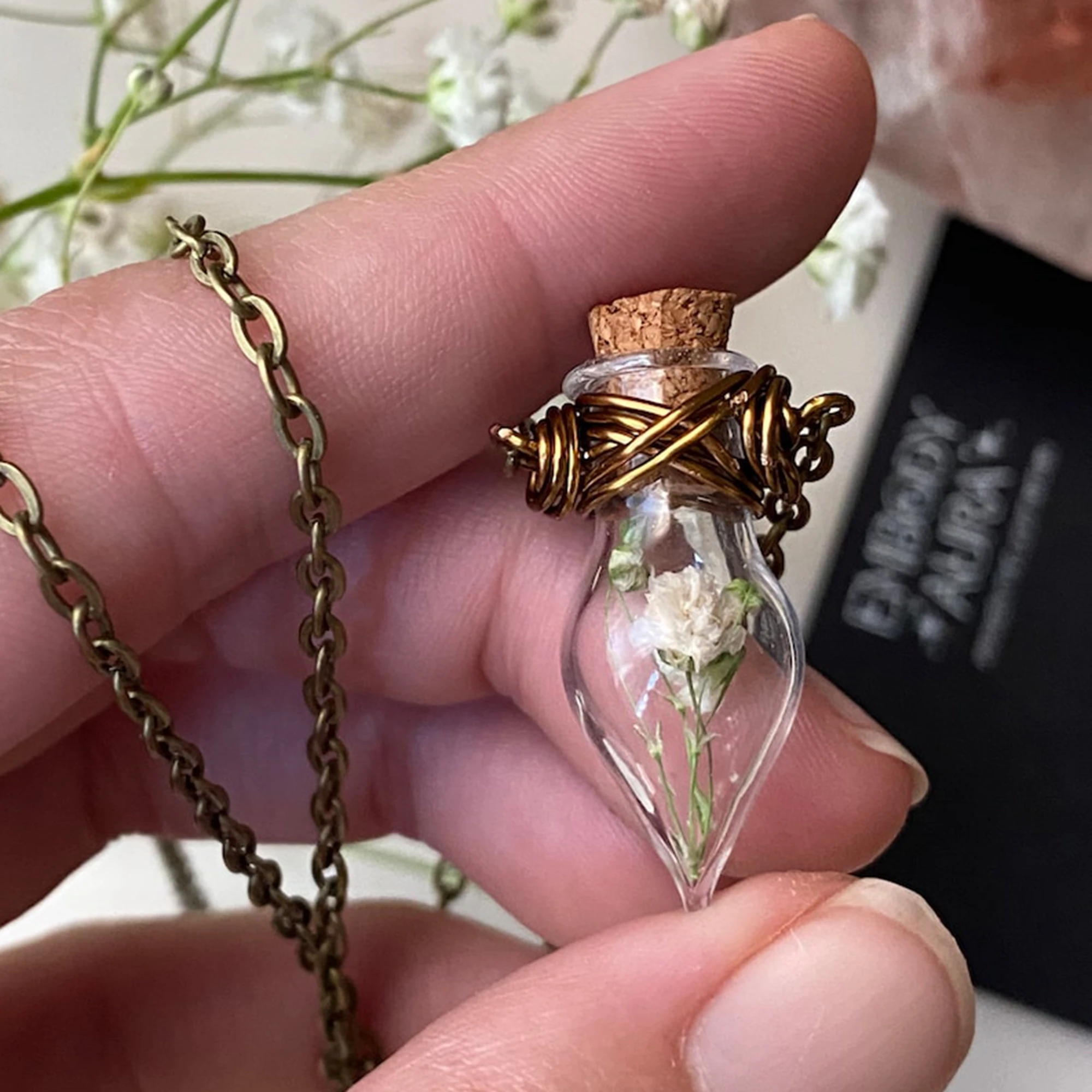 BREATHE a babies breath bottled teardrop necklace dried floral inspiration