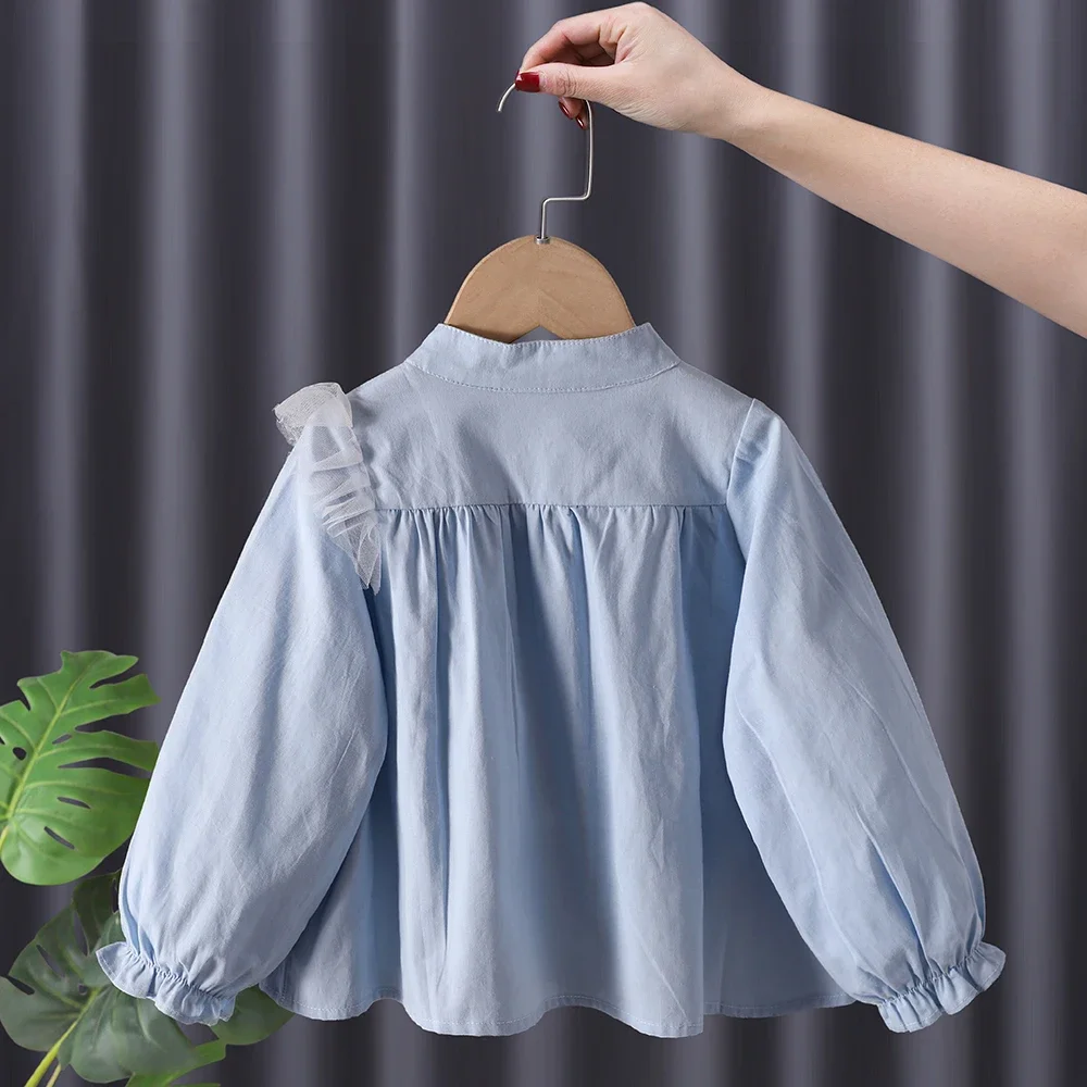 Blouses Girls Long Sleeved Shirt Autumn Girl Baby Princess Cotton New Childrens Clothing Round Collar Button Single Row