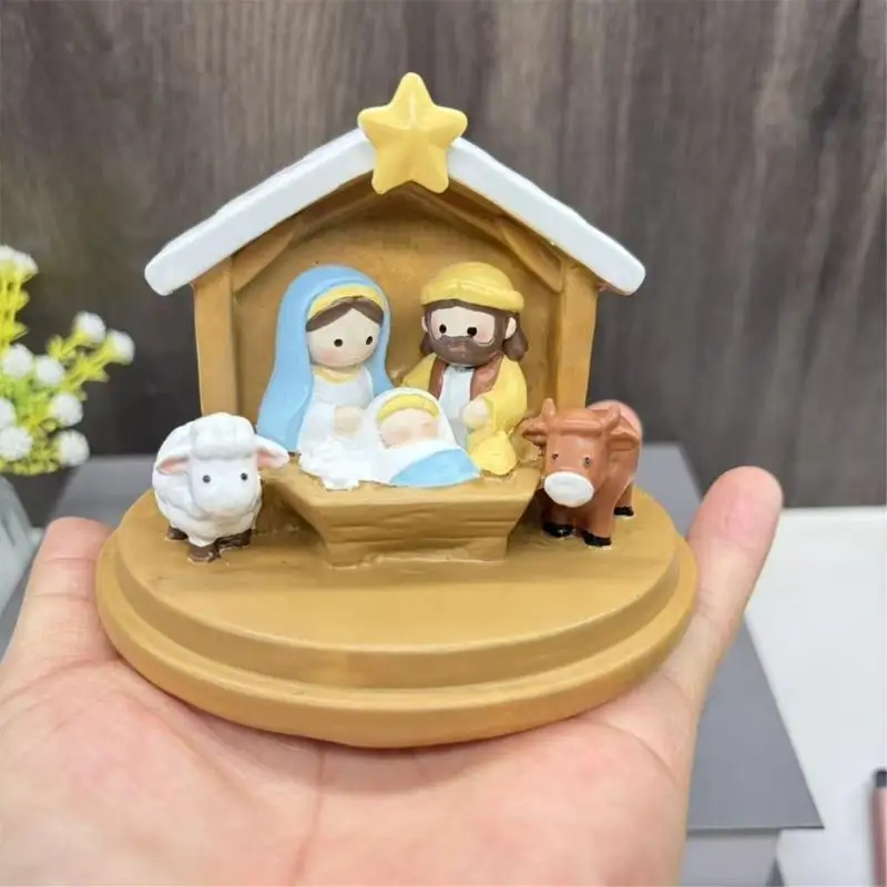Weihnachten Krippe Szene Dekore Religiöse Heilige Familie Harz Krippe Szene Figur Für Ferienhäuser Display Ornament B03E – Detail 5